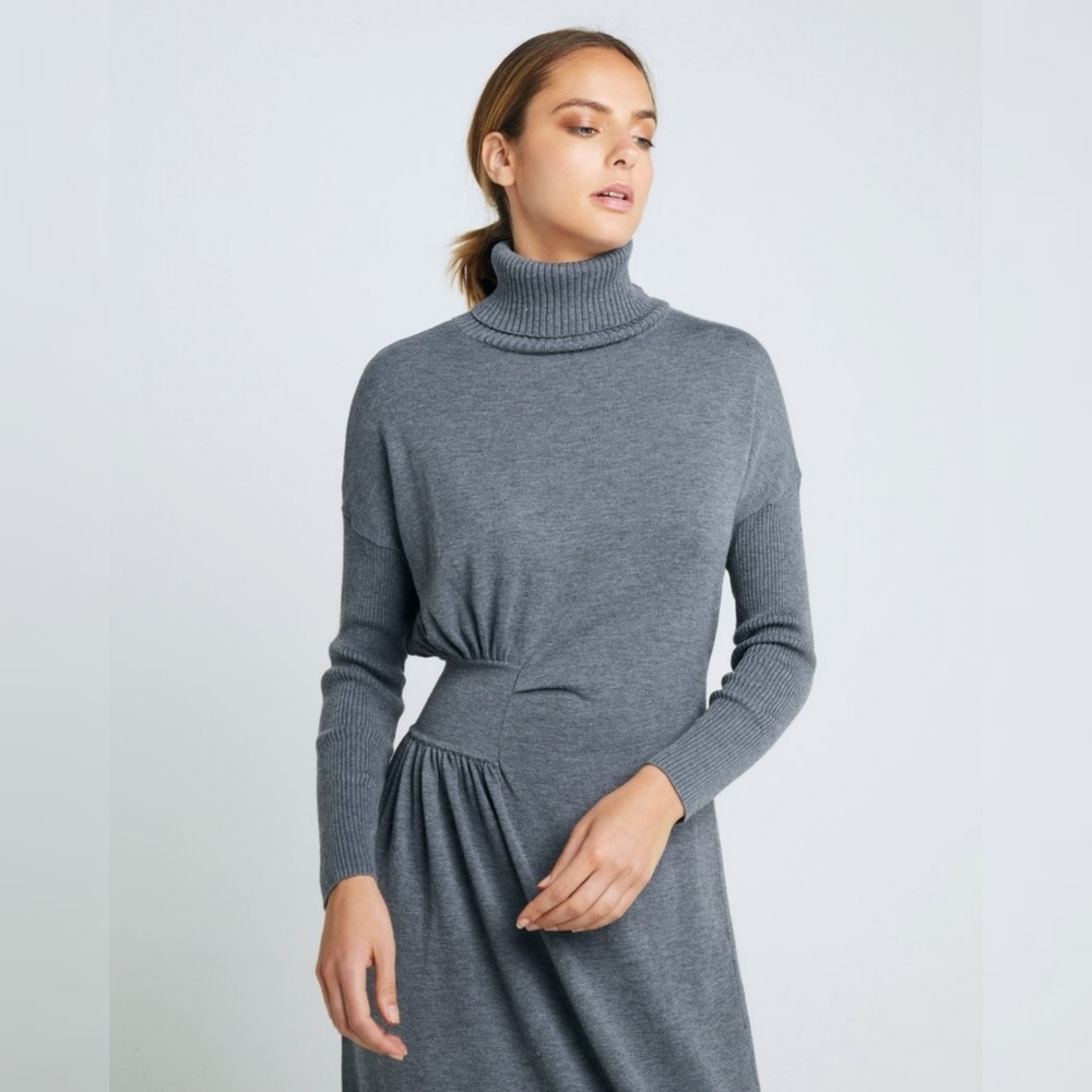 CAARA Draped Grey Midi Knit Dress, Size Medium